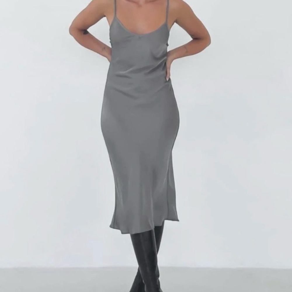 Rumored Simple Minimalistic Midi 90's Satin Slip Dress in Gunmetal Grey Small